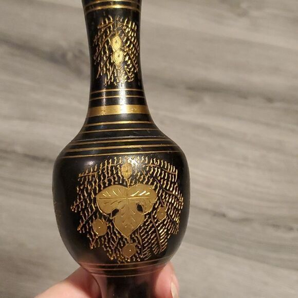 Vintage 60's Black Metal w/Brass Details Vase - Picture 5 of 7